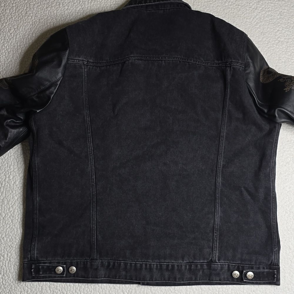 John Richmond - Denim and Laser Cut Leather Jacket in Black Large - Picture 4 of 16